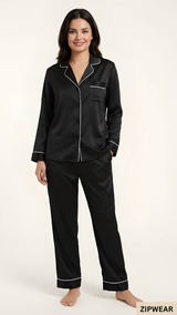 Plain Silk Night Suit - Black