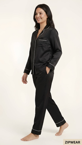 Plain Silk Night Suit - Black