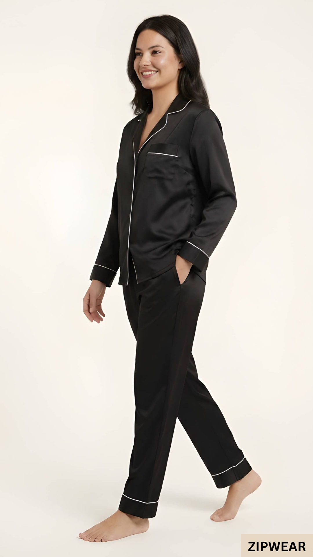 Plain Silk Night Suit - Black