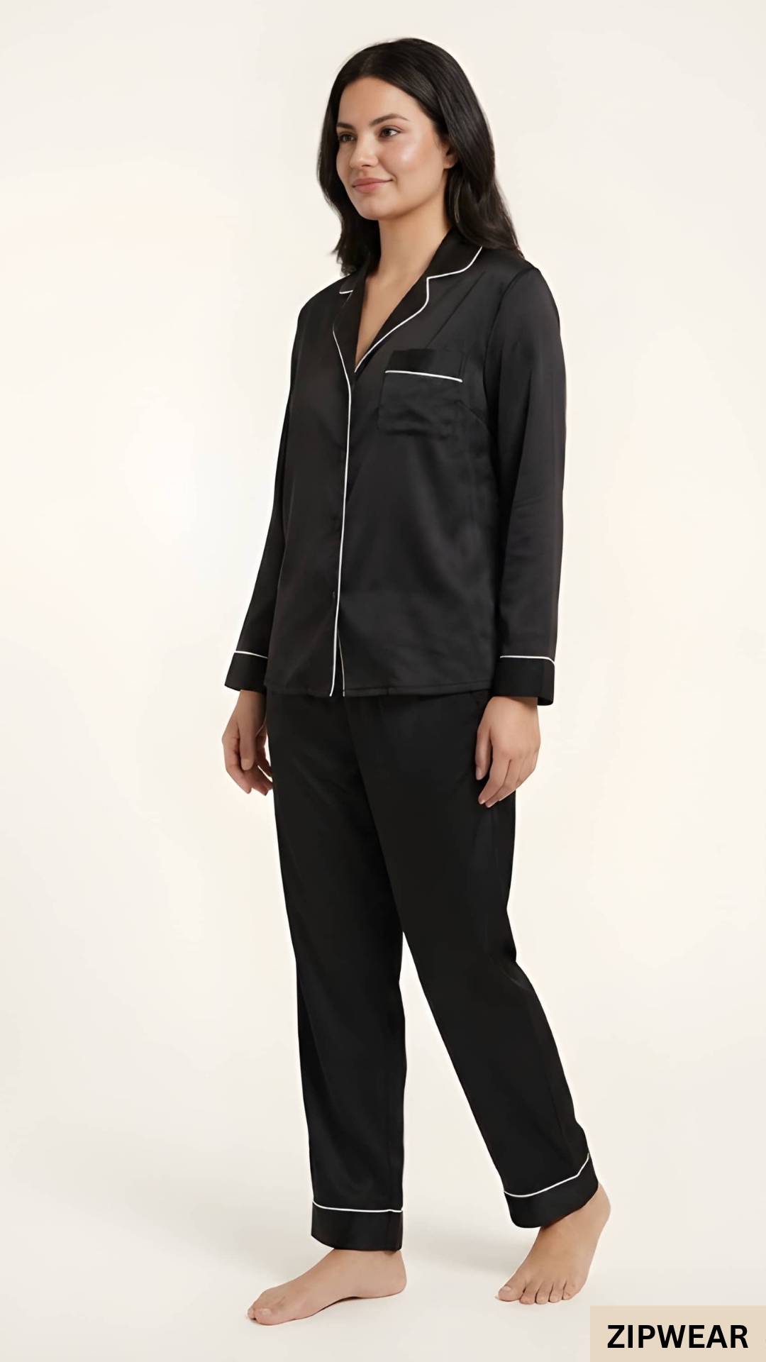 Plain Silk Night Suit - Black