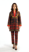 Red & Black Folk Printed 2-Piece Suit with Straight Trousers