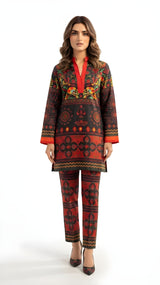 Red & Black Folk Printed 2-Piece Suit with Straight Trousers