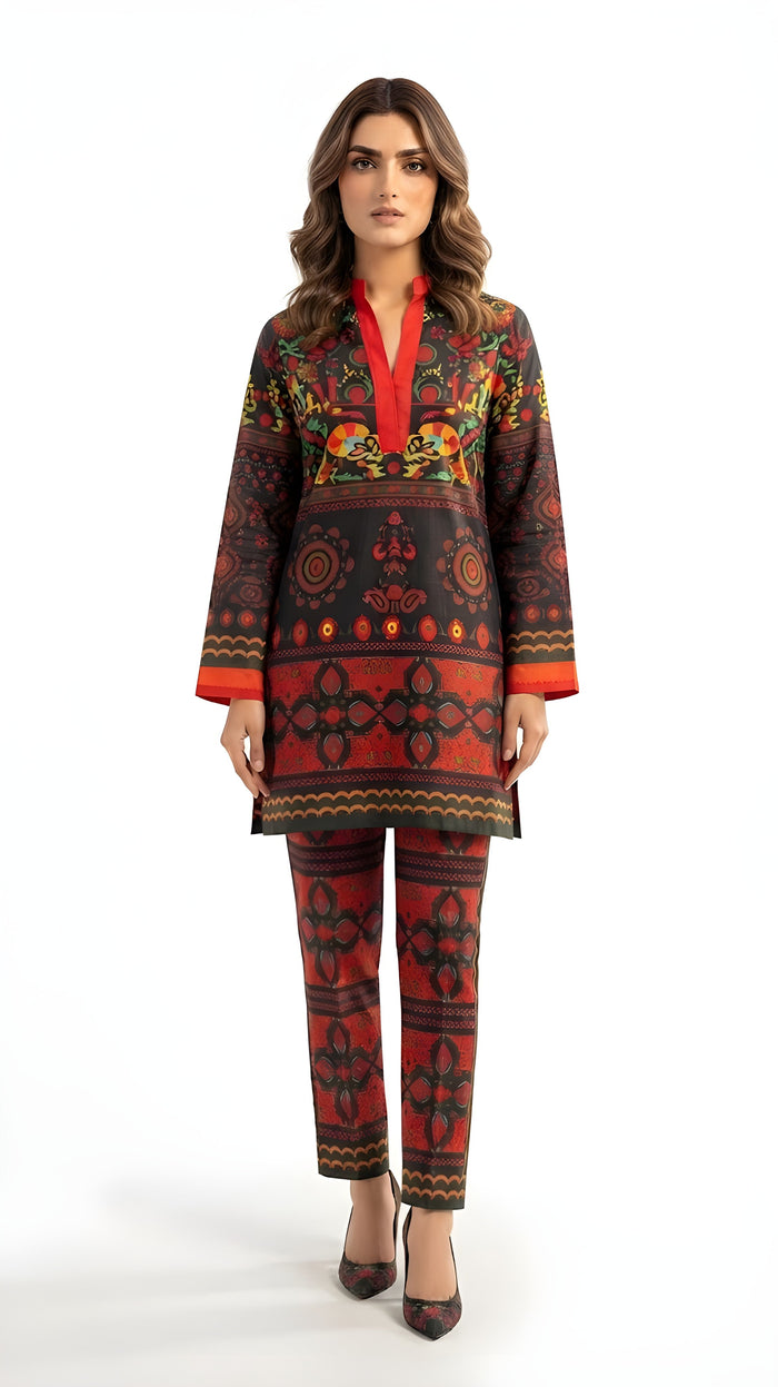 Red & Black Folk Printed 2-Piece Suit with Straight Trousers