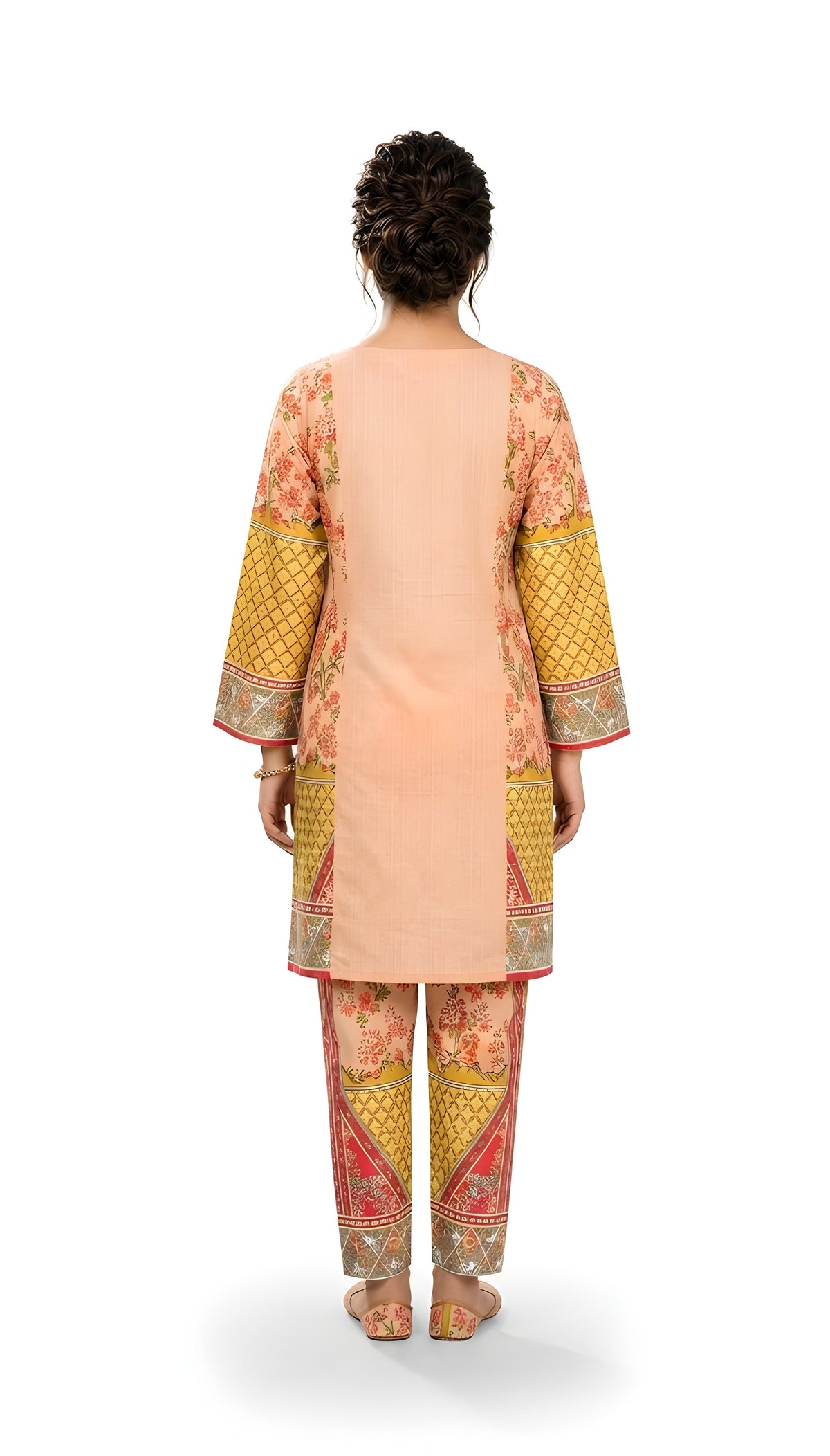 Peach & Mustard Floral Printed 2-Piece Suit with Straight Trousers