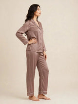 Plain Silk Night Suit - Dust Brown