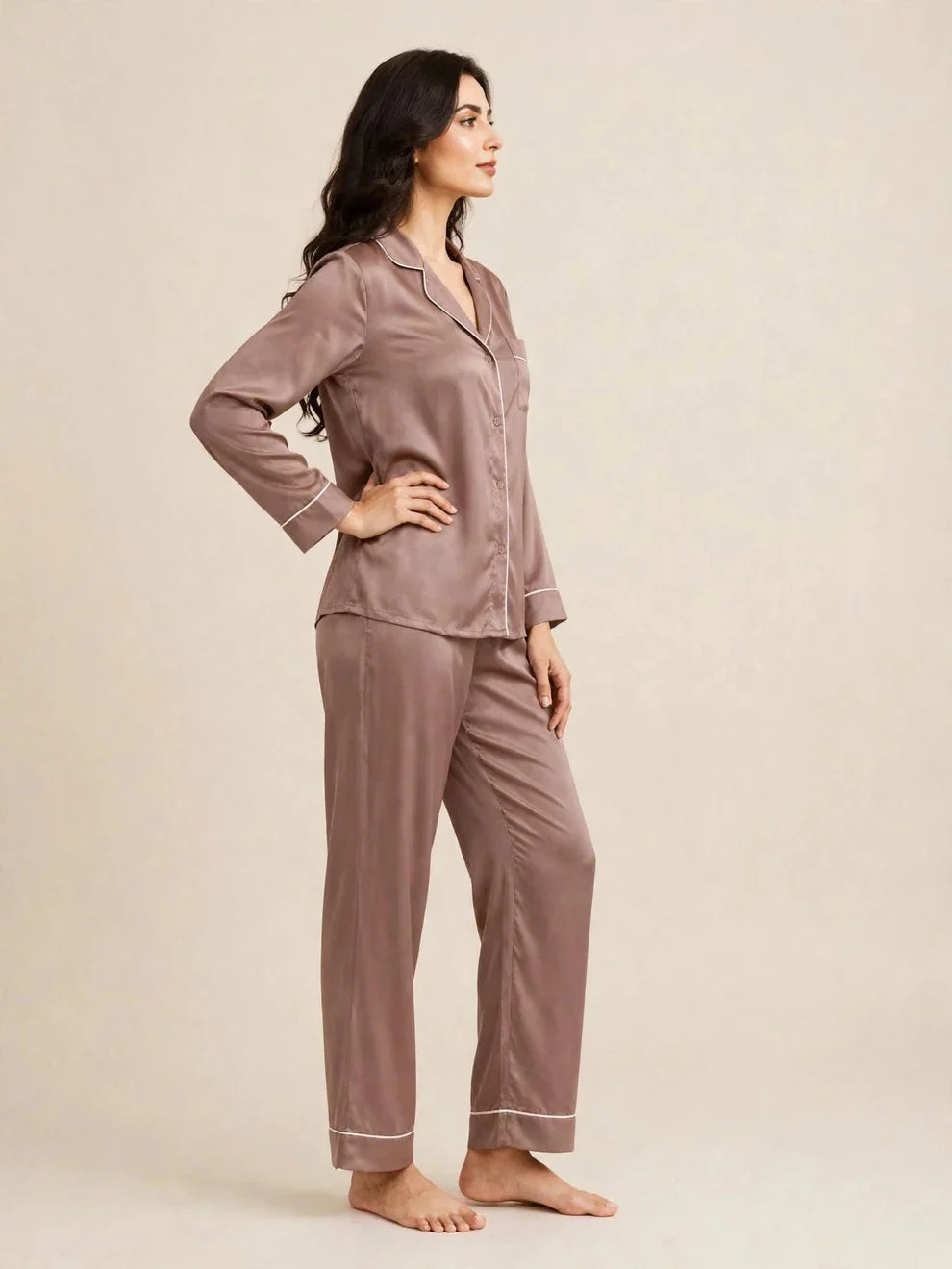 Plain Silk Night Suit - Dust Brown